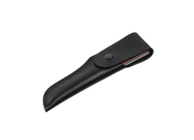 Gümüş bıçaklı ve lastik saplı modern av bıçağı. Çelik kollar. Beyaz arkaplanda izole et.