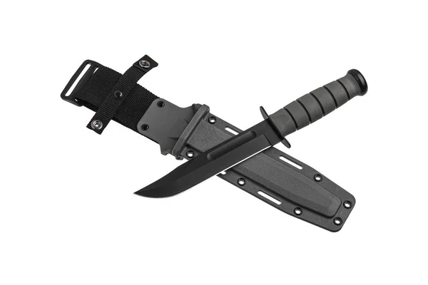 Moderní Lovecký Nůž Černou Čepelí Gumovou Rukojetí Ocelové Zbraně Izolovat — Stock fotografie