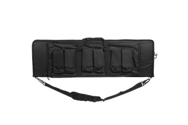 Ekstra cepli yumuşak siyah silah çantası. Silah depolama ve taşıma için çanta. Beyaz arkaplanda izole et.