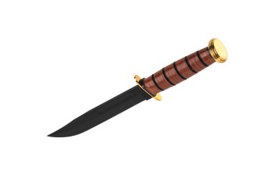 Siyah bıçaklı ve tahta saplı modern avcı bıçağı. Çelik kollar. Beyaz arkaplanda izole et.