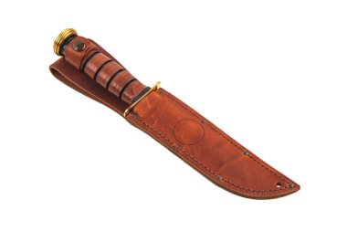 Siyah bıçaklı ve tahta saplı modern avcı bıçağı. Çelik kollar. Beyaz arkaplanda izole et.