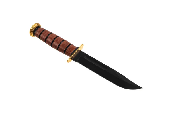 Modern Hunting Knife Black Blade Wooden Handle Steel Arms Isolate — Fotografia de Stock