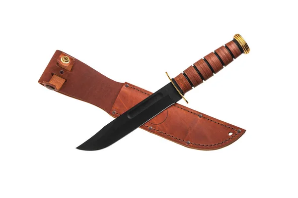 Modern Hunting Knife Black Blade Wooden Handle Steel Arms Isolate — Fotografia de Stock