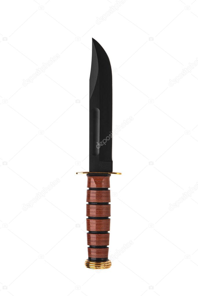 Modern hunting knife with black blade and wooden handle. Steel arms. Isolate on a white background.