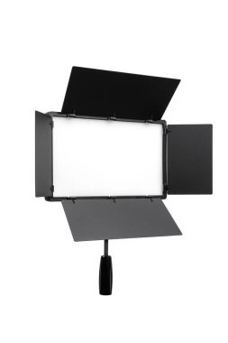 Fotoğraf ve video lambası beyaz arkaplanda izole edildi. Işık akışı oluşumu için özel panjurlu LED lamba. Fotoğraf ve video aydınlatma armatürü.