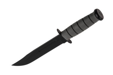 Modern hunting knife with black blade and rubber handle. Steel arms. Isolate on a white background.