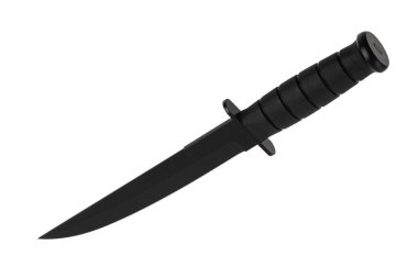 Siyah bıçak ve kauçuk saplı modern avcı bıçağı. Çelik kollar. Beyaz arkaplanda izole et.