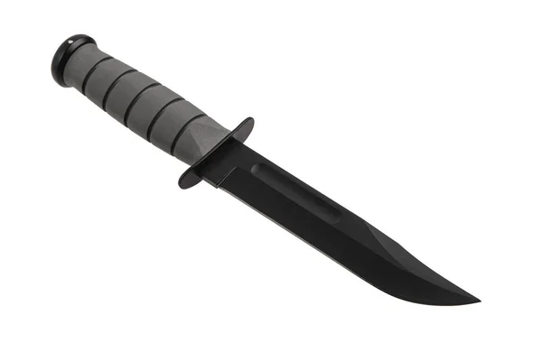 Современный Охотничий Нож Черным Лезвием Резиновой Ручкой Стальные Руки Изолировать — стоковое фото