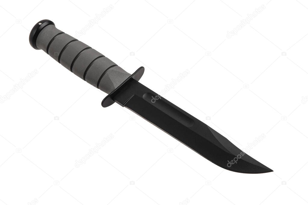 Modern hunting knife with black blade and rubber handle. Steel arms. Isolate on a white background.