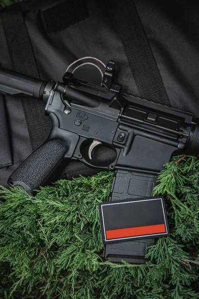 Modern carabiner and case for transportation and storage. Weapons for police, special forces and the army. Automatic carbine with mechanical sights. Assault rifle on a green background.