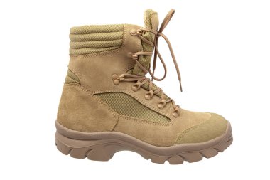 Modern army combat boots. New desert beige shoes. Isolate on a white background.