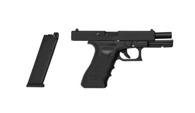 Hava tabancası. Hava yumuşaklığı, spor ve eğlence için modern pnömatik silah. Bir manken, gerçek bir tabancanın kopyası. Beyaz arkaplanda izole et.