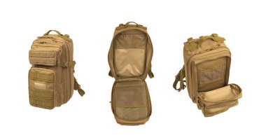 Fermuarlı ve ekstra cepli modern taktik sırt çantası. Büyük, güvenli bir çanta. Beyaz arkaplanda izole et.