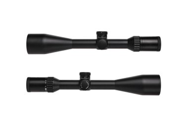 Modern siyah optik görüş. Uzun mesafeleri hedeflemek için optik bir cihaz. Beyaz arkaplanda izole et.