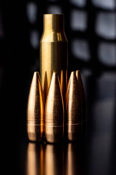 Bullet Black Background Reflexion Rifle Bullets Close Black Back — Foto de Stock