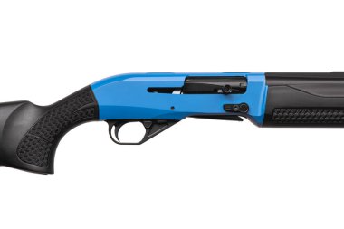 Modern semi-automatic shotgun. Weapons for sports and hunting. Black blue weapon isolate on white background.