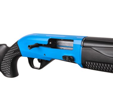 Modern semi-automatic shotgun. Weapons for sports and hunting. Black blue weapon isolate on white background.