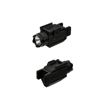 Silah monteli modern LED fener. Alt namlulu taktik el feneri beyaz arkaplanda izole edildi.