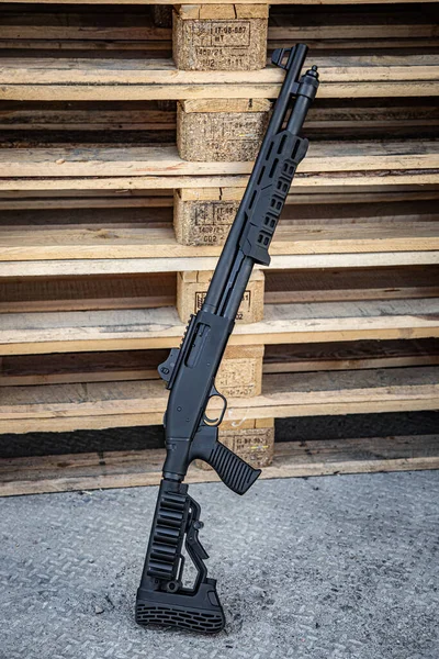 Pump Action Gauge Shotgun Smooth Bore Weapon Wooden Background — Photo