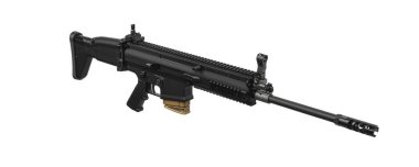 Modern otomatik tüfek beyaz arka planda izole edilmiş. Polis, özel kuvvetler ve ordu için silahlar. Mekanik görüşlü otomatik karabina. Beyaz sırtlı saldırı tüfeği..