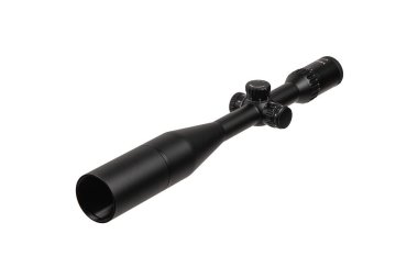 Modern siyah optik görüş. Uzun mesafeleri hedeflemek için optik bir cihaz. Beyaz arkaplanda izole et.