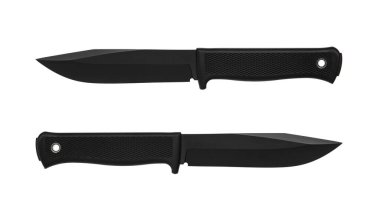 Siyah bıçak ve kauçuk saplı modern avcı bıçağı. Çelik kollar. Beyaz arkaplanda izole et.