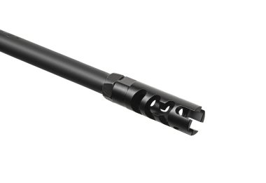 Modern otomatik tüfek beyaz arka planda izole edilmiş. Polis, özel kuvvetler ve ordu için silahlar. Mekanik görüşlü otomatik karabina. Beyaz sırtlı saldırı tüfeği..