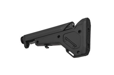 Modern plastic folding buttstock. Replaceable part of the gun. Isolate on a white background.