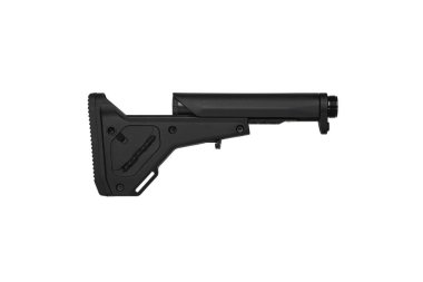 Modern plastic folding buttstock. Replaceable part of the gun. Isolate on a white background.