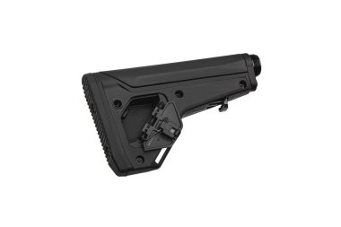 Modern plastic folding buttstock. Replaceable part of the gun. Isolate on a white background.