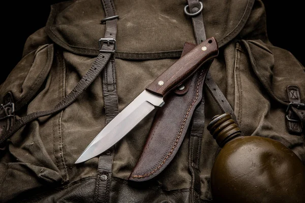 Hunting Knife Wooden Handle Leather Sheath Khaki Canvas Backpack Weapons — Stock Photo, Image