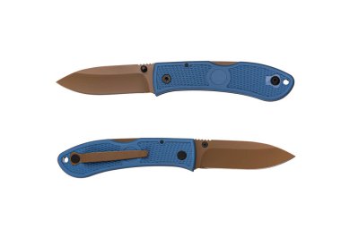 Cep çakısı beyaz arka planda izole edilmiş. Katlanan bir bıçakla küçük metal bir bıçak..