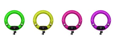 Dairesel neon lambanın yakın plan izole edilmiş beyaz arkaplanı. Makyaj ve güzellik portreleri için popüler modern ışık.