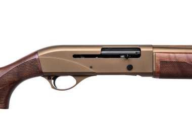 Modern semi-automatic shotgun with a wooden butt isolate on a white background. Weapons for hunting, sports and self-defense. Shotgun in bronze color.