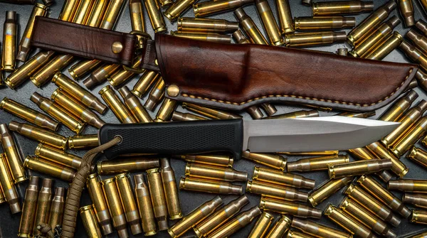 A modern military or hunting knife against a background of gun cases.
