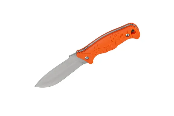 Современный Охотничий Нож Серебряным Лезвием Оранжевой Резиновой Ручкой Стальные Руки — стоковое фото