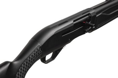 Modern yarı otomatik tüfek. Spor ve av için silahlar. Siyah silah beyaz arkaplanda izole edildi.