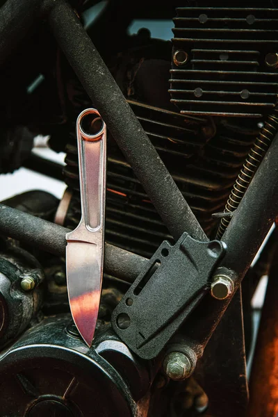 Knife Metal Handle Made Wrench Tool Weapon Motorcycle Engine Background — Stockfoto