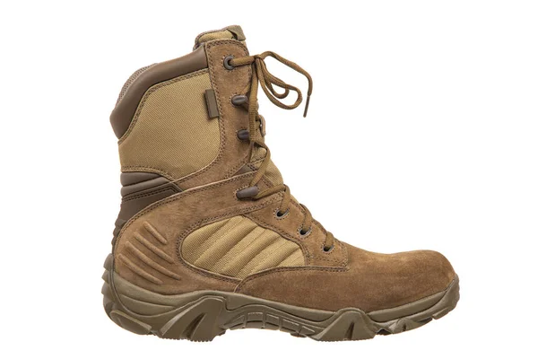 Botas Combate Modernas Exército Novos Sapatos Bege Deserto Isolar Fundo — Fotografia de Stock
