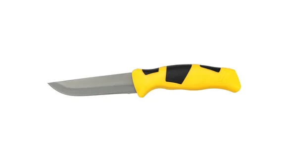 现代潜水刀与银色刀片和黄色橡胶柄 钢制臂膀在白色背景上分离 — 图库照片