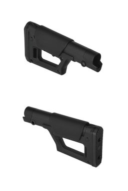 Modern plastic folding buttstock. Replaceable part of the gun. Isolate on a white background.