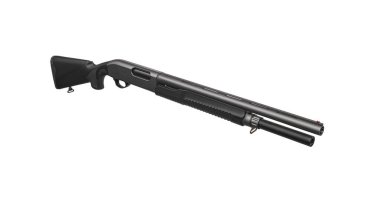 Pompalı tüfek beyaz arka planda izole edilmiş. Plastik kaplamalı pürüzsüz bir silah. 