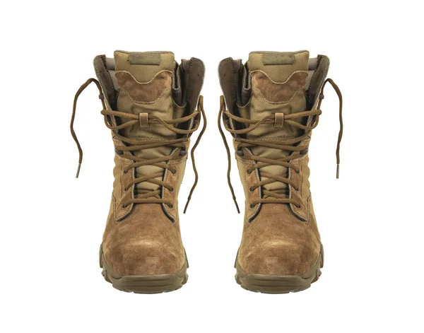 Modern army combat boots. New desert beige shoes. Isolate on a white background.