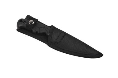 Siyah bıçaklı ve plastik saplı modern avcı bıçağı. Çelik kollar. Beyaz arkaplanda izole et.