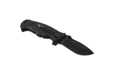 Siyah çakı beyaz arka planda izole edilmiş. Katlanan bir bıçakla küçük metal bir bıçak..