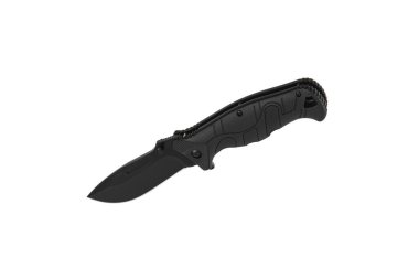 Siyah çakı beyaz arka planda izole edilmiş. Katlanan bir bıçakla küçük metal bir bıçak..