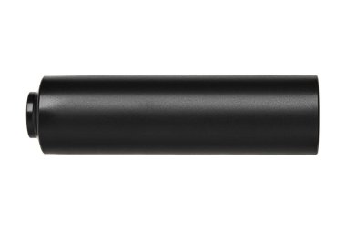 Silahlar için siyah susturucu. Susturucu, saldırı tüfeğinin ucundaydı. Beyaz arkaplanda izole et.