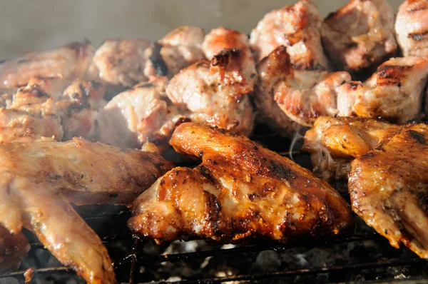 Alitas de pollo y jugosos kebabs asados y en la barbacoa — Foto de Stock