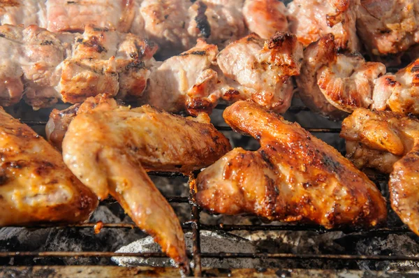 Chiken szárnyak és szaftos sült kebabot és a grill — Stock Fotó