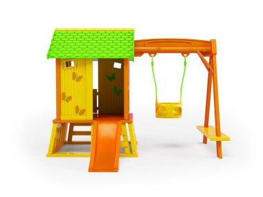 Beyaz arka planda gölgesi olan ve geliştirmek için salıncak kullanan üç boyutlu bir oyun evi çizimi